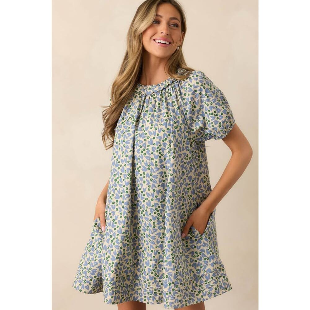 Strut & Bolt Women’s Small Dusty Blue Floral Cotton Mini Dress